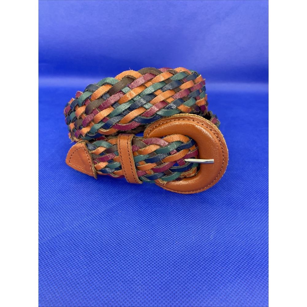 Vintage 80s 90s Braided Woven Multicolor Genuine Leather Belt Size M/L Up to 36"